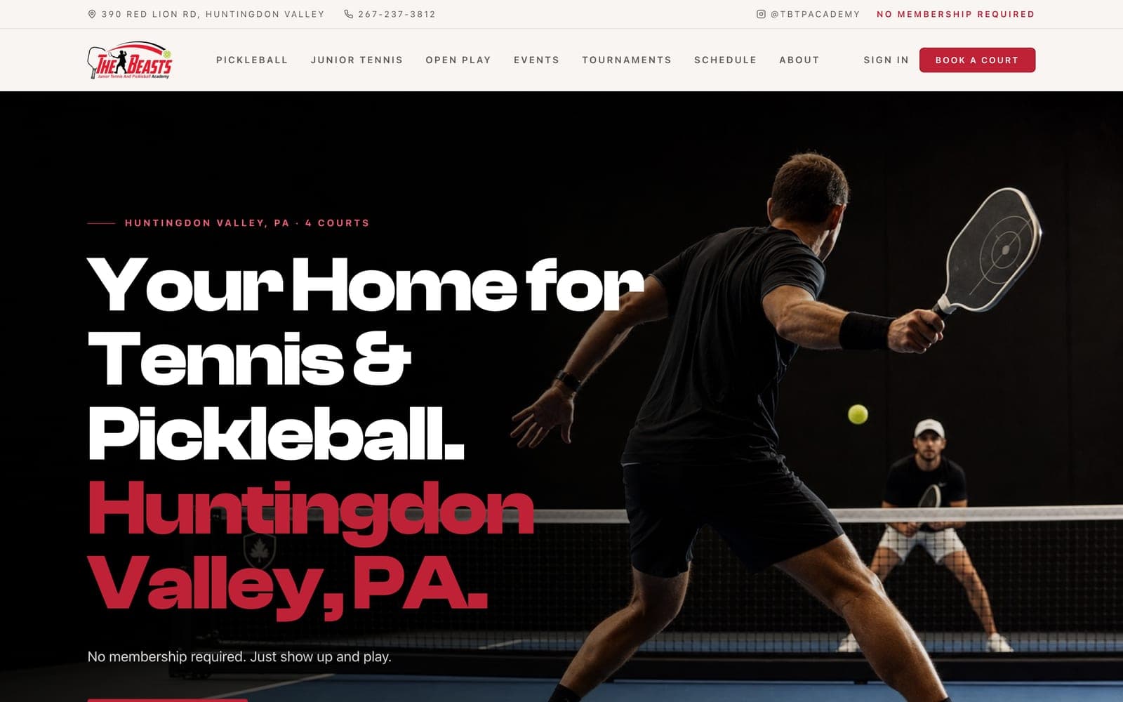The Beasts home page hero: an indoor pickleball rally behind the headline “Your Home for Tennis & Pickleball. Huntingdon Valley, PA.”