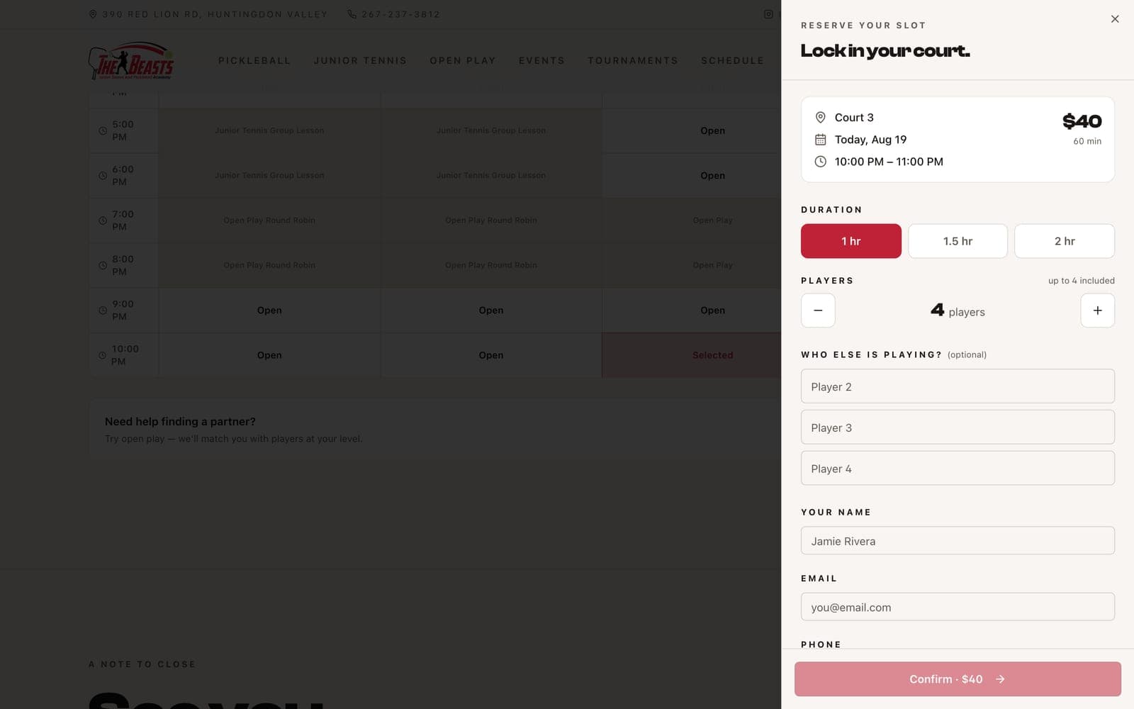 Court rental flow with a 10 PM slot marked “Selected” in the four-court grid and a “Lock in your court” panel showing court, date, duration, player count, and price