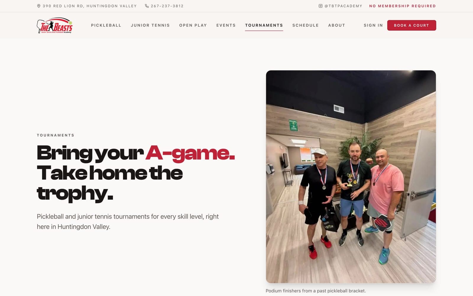 Tournaments page with the headline “Bring your A-game. Take home the trophy.” beside a photo of three podium finishers wearing medals