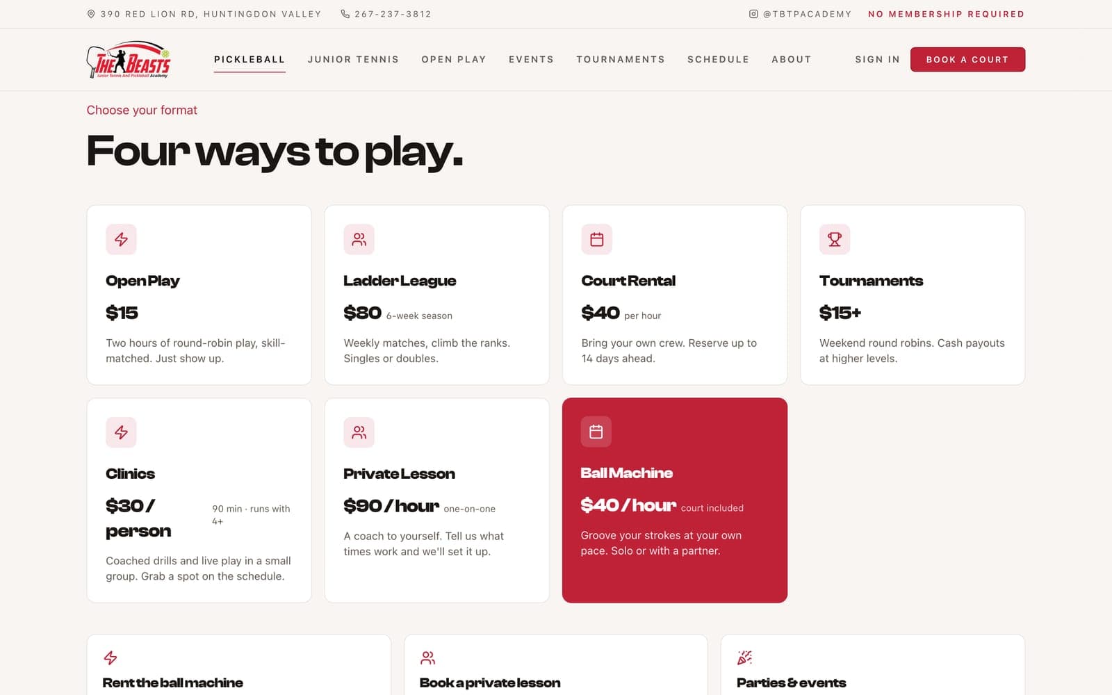 “Four ways to play” pricing grid: open play $15, ladder league $80 per season, court rental $40 per hour, tournaments $15+, plus clinics, private lessons, and ball-machine rental