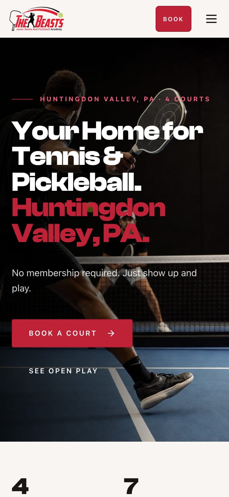 Home page on a phone: the hero with a “Book a Court” button and the note “No membership required. Just show up and play.”