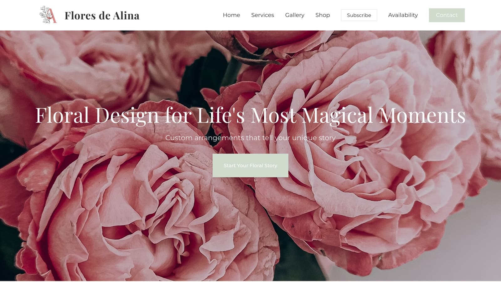 Flores de Alina home page: a full-bleed hero of blush roses behind the tagline “Floral Design for Life's Most Magical Moments”