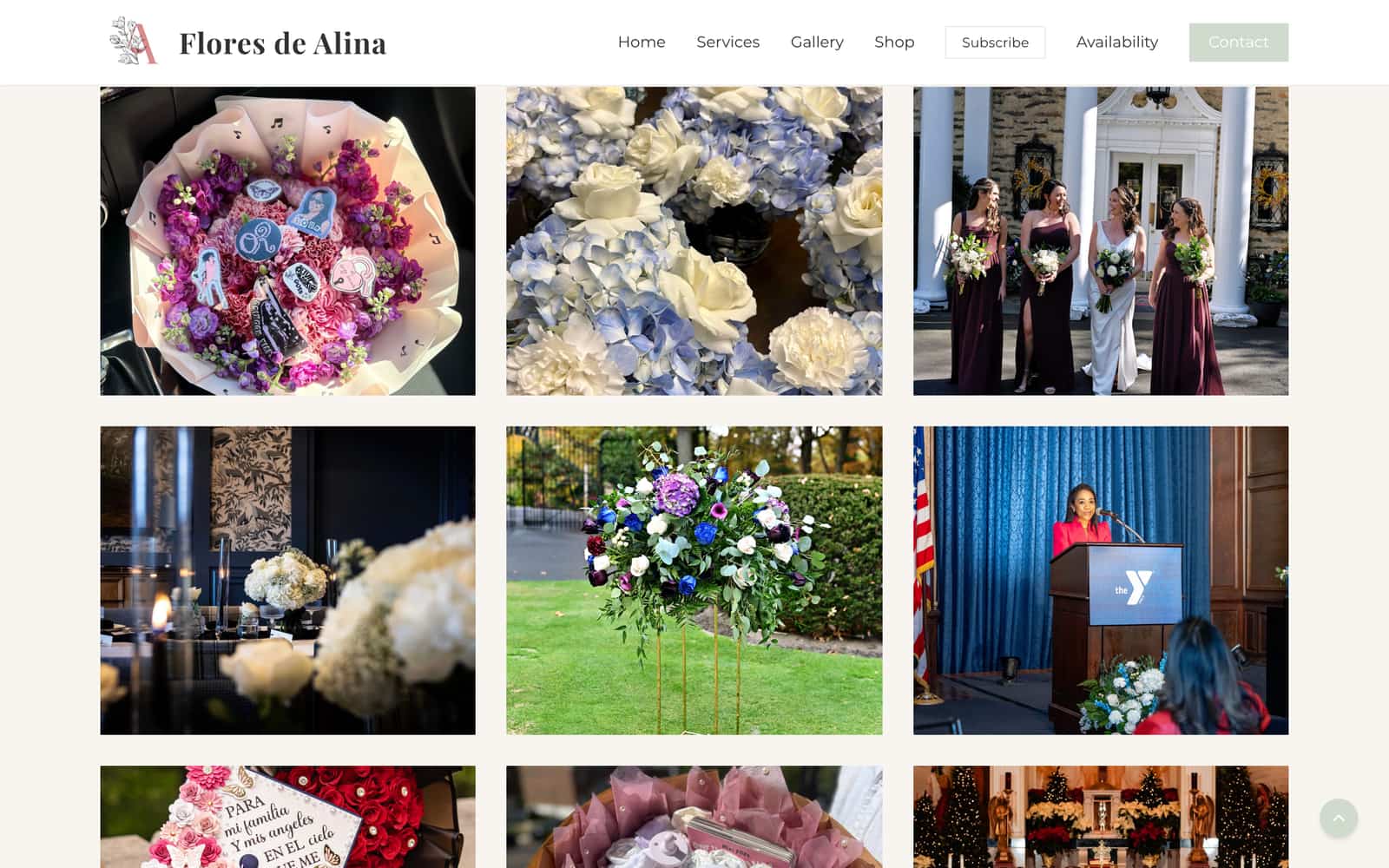 Gallery page: a three-column grid of bouquet, wedding, and event photography beneath the site navigation