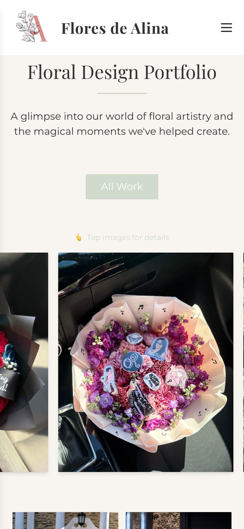 Gallery on a phone captured mid auto-scroll: a horizontal carousel with a bouquet photo centered and neighboring photos peeking in from both edges