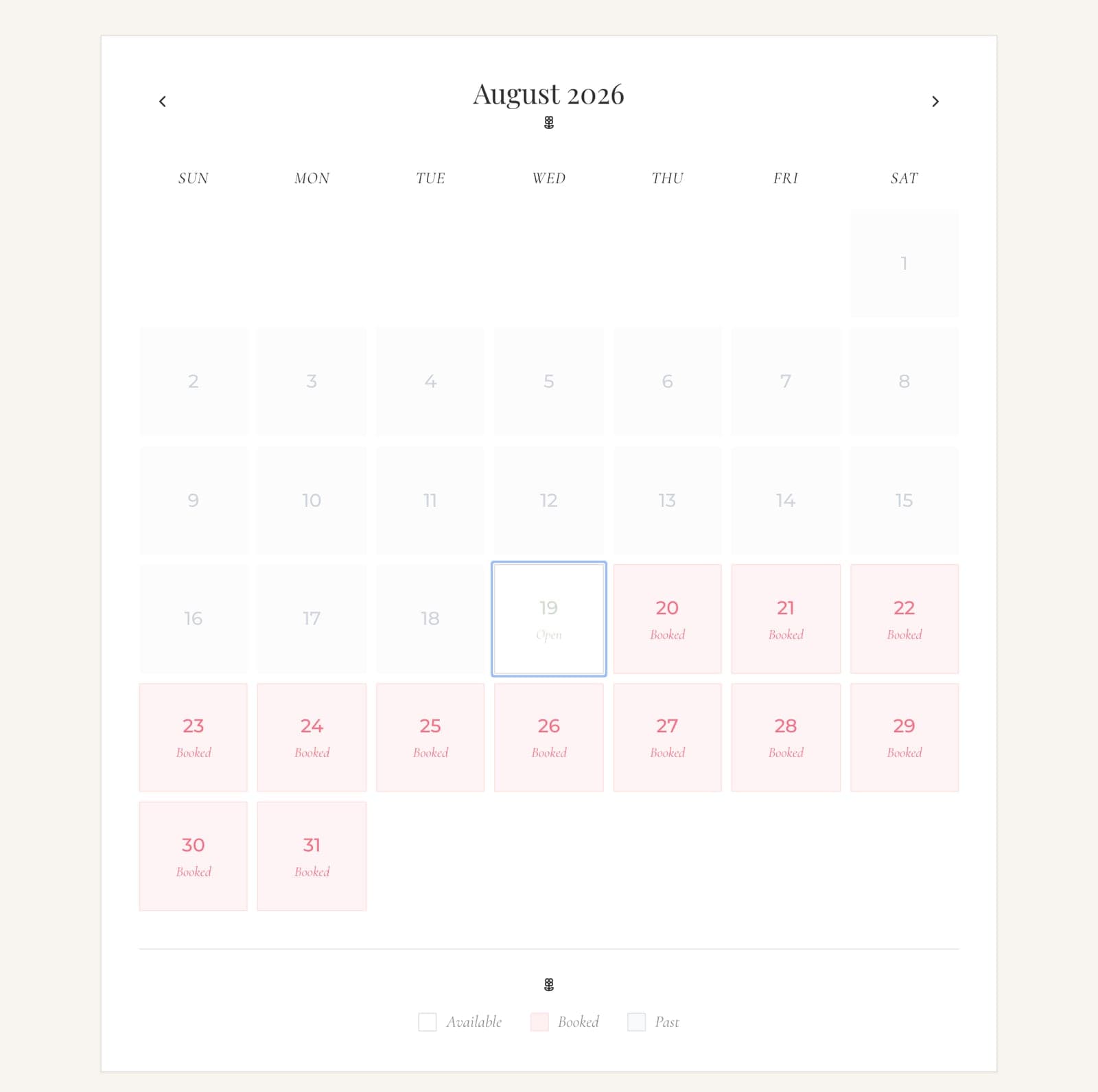 Availability page: an August calendar with booked dates highlighted in pink, one open date outlined, past dates dimmed, and an Available / Booked / Past legend