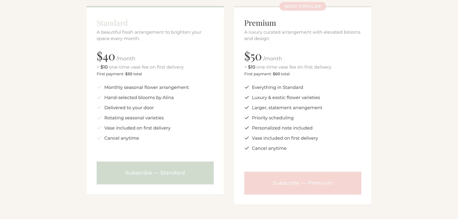 Flower subscription tiers side by side: Standard at $40/month and Premium at $50/month wearing a “Most Popular” badge, each with a feature checklist