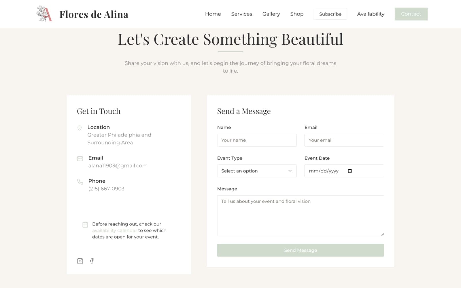 Contact page titled “Let's Create Something Beautiful” with studio contact details beside an inquiry form asking for name, email, event type, event date, and message
